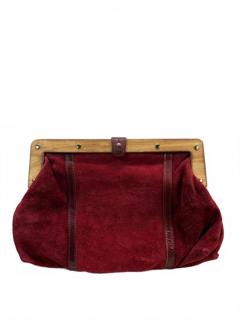 Vintage 80s Forty-Eight West Burgundy Suede Wood Frame Clutch Handbag Purse